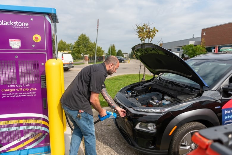 man plugs in electric car