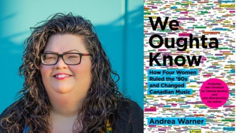 A woman with curly hair and glasses looks to the left. A book cover filled with colourfully highlighted words. 