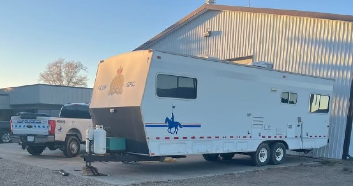 A trailer painted with emblems and colours to identify it as an RCMP unit