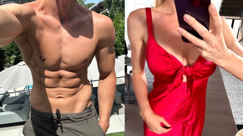 An image that is a composite of two self-portraits. On the left is a selfie of a shirtless muscular man with his head bowed. On the right is an image of a woman from the neck down wearing a revealing red dress.