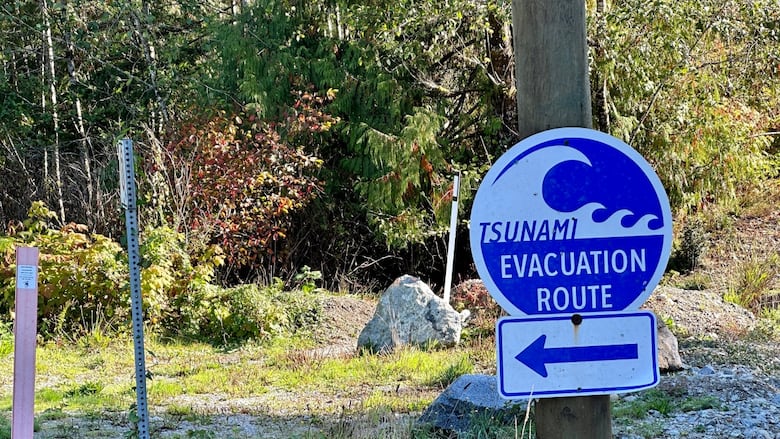 A blue and white sign is secured to a pole. The sign shows a large wave and reads "tsunami evacuation route," with an arrow pointing to the left. 