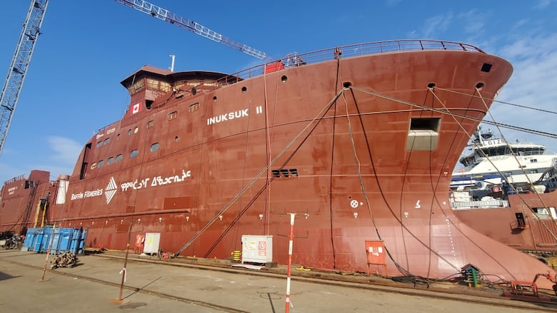 A photo of a ship called the Inuksuk II being launched at a shipyard in Turkey.