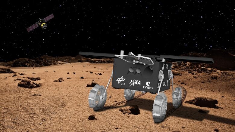 A rover with several logos on it to represent the different space agencies involved in its design is on a reddish terrain in space with the red planet Mars far off in the backdrop.