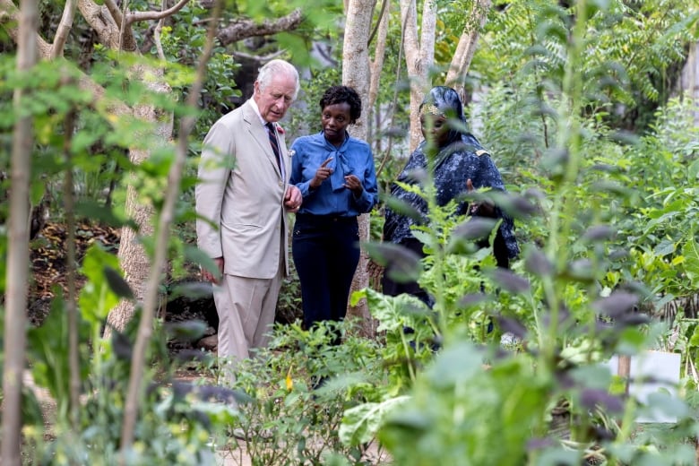 Three people talk with one another while in a garden.