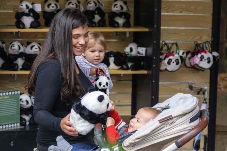 Woman shows panda doll to smiling baby