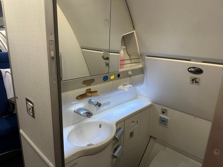 An in-flight aircraft bathroom.