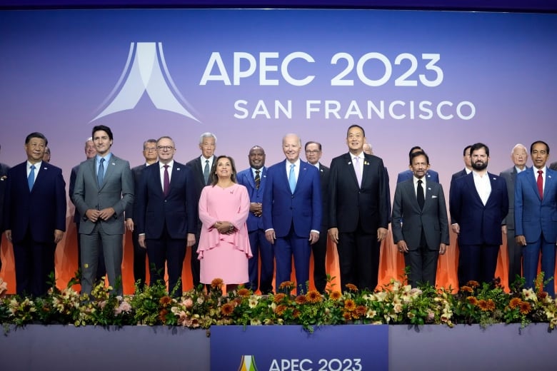 A series of men and woman in formal dress pose for a photo during a gathering of world leaders.