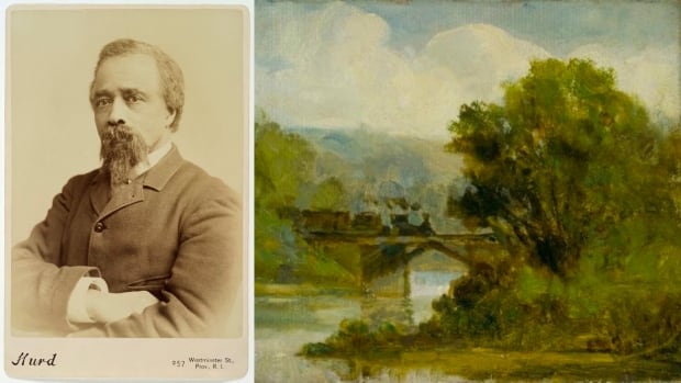 A portrait of Edward Mitchell Bannister, left. Detail from a painting by Bannister, right. An old portrait of a man in a suit jacket beside a painting of a natural landscape.