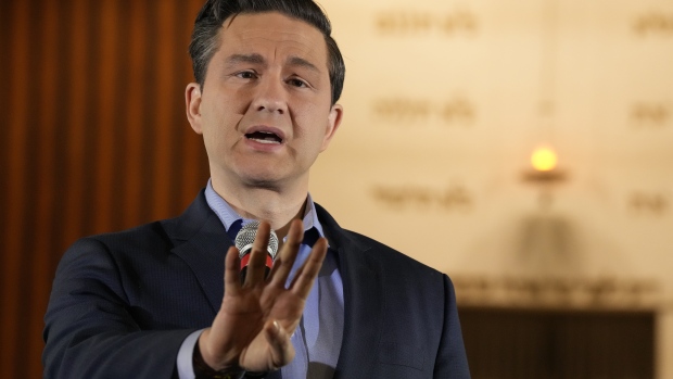 What was behind that Conservative vote against the Ukraine trade deal?; Conservative Leader Pierre Poilievre speaks during a press conference at the Shaarei Shomayim Congregation in Toronto on Thursday Nov\. 23, 2023\.
