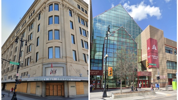 True North, Southern Chiefs sign partnership they say will be catalyst to revitalize downtown Winnipeg; Two buildings are seen in a side-by-side photo\. The one at left is boarded up and says Hudson's Bay Company over the door\. The one at right is a shopping centre and says Portage Place\.