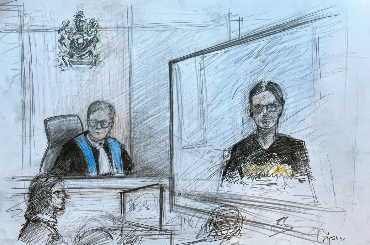 A sketch of a man on screen with a judge in robes 