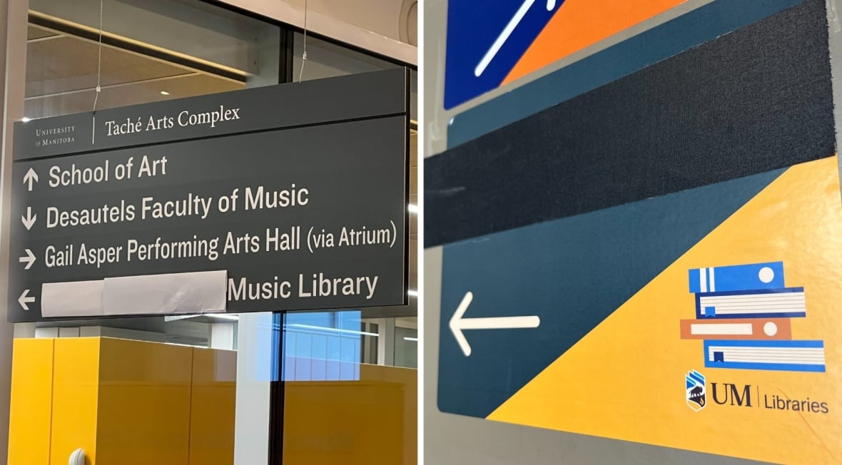 Two signs with part of a name covered up.