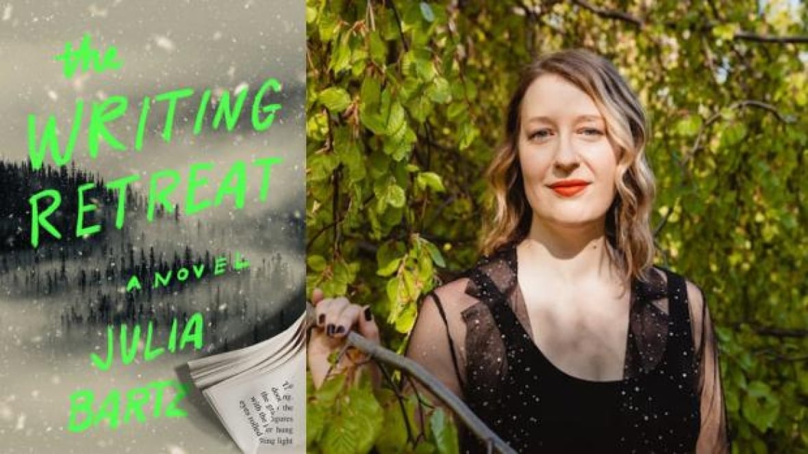 A book cover of a snowy tree-filled landscape with bright green writing. A white woman with blonde curled hair looks at the camera among trees.