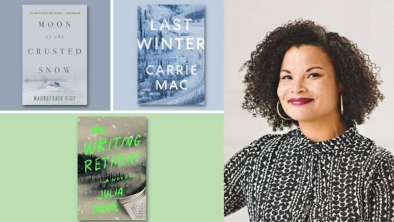 A collage of three book covers and a headshot of a Black woman with curly hair and a black and white patterned shirt.
