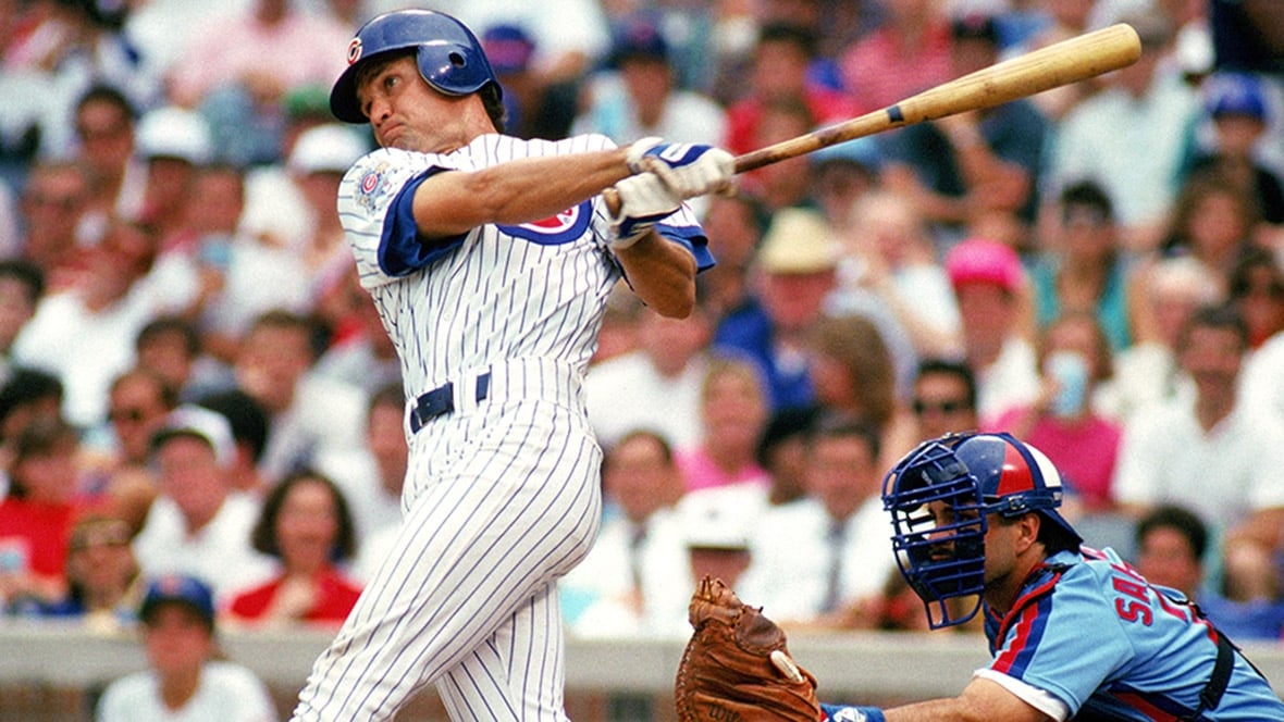 Chicago Cubs baseball player Ryne Sandberg follows through on a swing during a major league game in 1990.