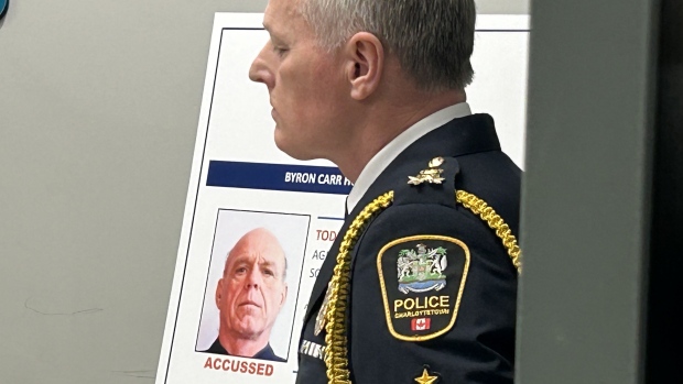 A look back at the stories that made headlines on P.E.I. in 2024; Charlottetown Police Chief Brad MacConnell stands in front of a poster showing an image of Todd Joseph Gallant, now charged with 1st-degree murder in the Byron Carr case\. 