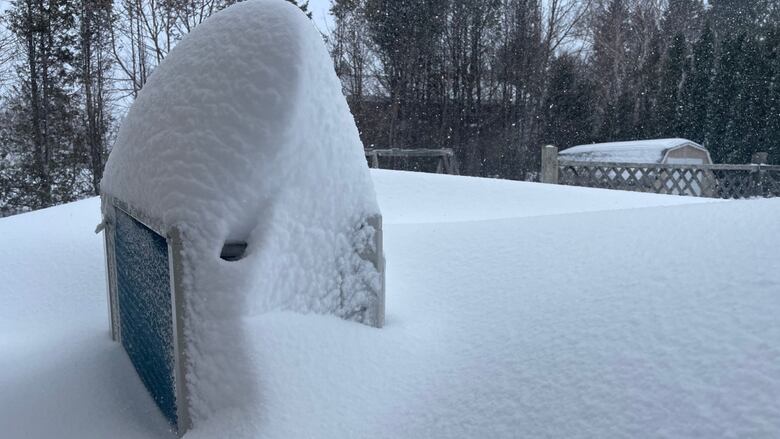 A snow covered heat pump.