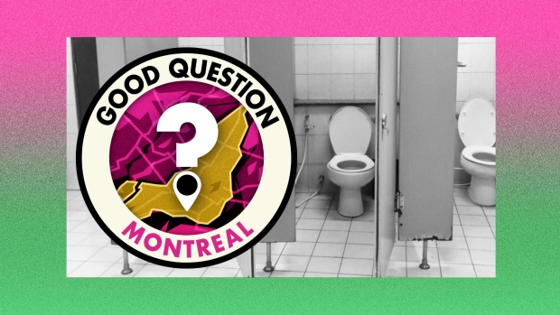Why is it so hard to find a public washroom in Montreal?; A graphic reading Good Question, Montreal, over a photo of a public bathroom\. 