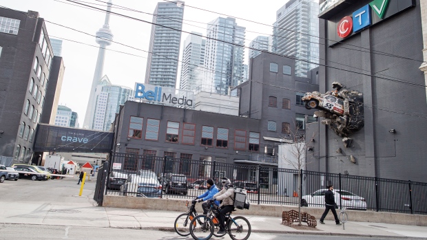 Bell Media planning cuts to CTV, BNN Bloomberg following BCE layoffs, sale of 45 radio stations; The Bell Media Studios in downtown Toronto are pictured on Feb\. 8, 2024\. Bell Media is ending multiple television newscasts and making other programming cuts after its parent company BCE Inc\. announced widespread layoffs and the sale of 45 of its 103 regional radio stations\. 