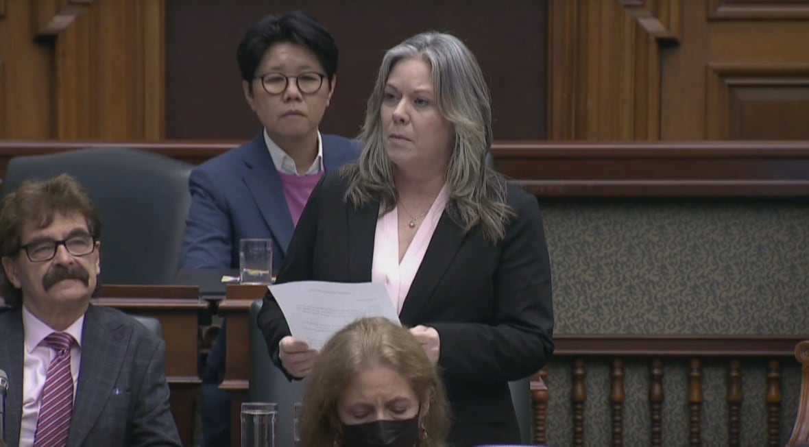 Lisa Gretzky standing in the legislature holding a piece of paper looking off to her right.