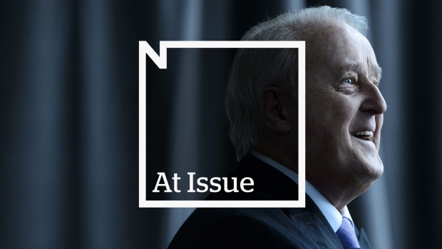 WATCH |  Brian Mulroney's legacy; See an image of Brian Mulroney, in profile, with a text box overlaid that says 'At Issue'