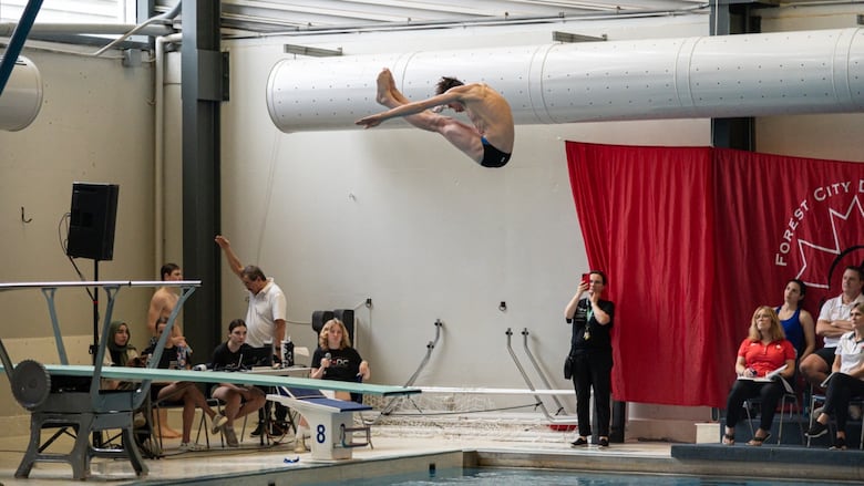 Nigel Chambers of Forest City Diving Club competes at the Ontario Spring Provincials at the Canada Games Aquatic Centre in London, Ont. on Mar. 3, 2024.