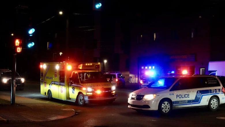 A police car and an ambulance are parked in the street.
