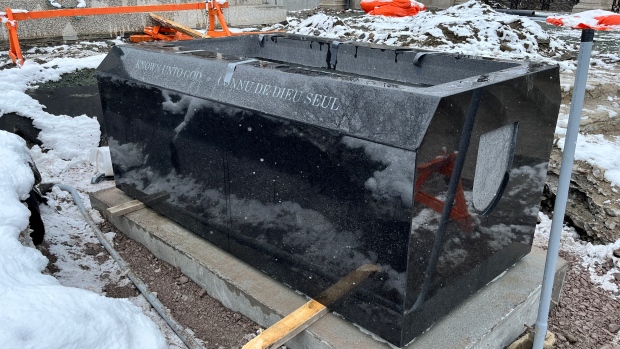 Remains of unknown Royal Newfoundland Regiment soldier to be repatriated this month; Here's another view of the sarcophagus that will form the base of the Tomb of the Unknown Soldier at the Newfoundland National War Memorial in St\. John's\.