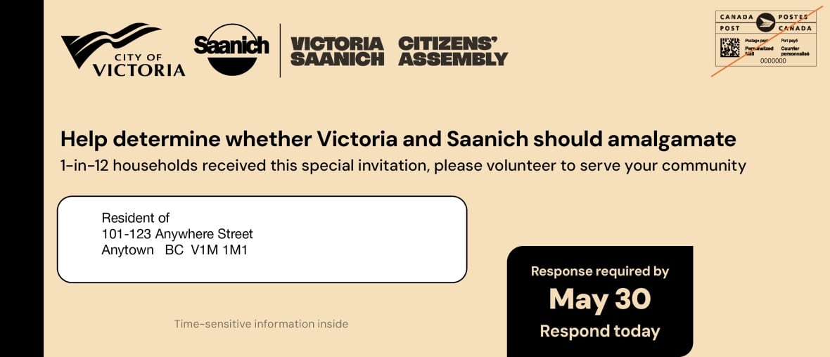 A mock-up of an envelope which reads "Help determine whether Victoria and Saanich should amalgamate. response required by May 30."
