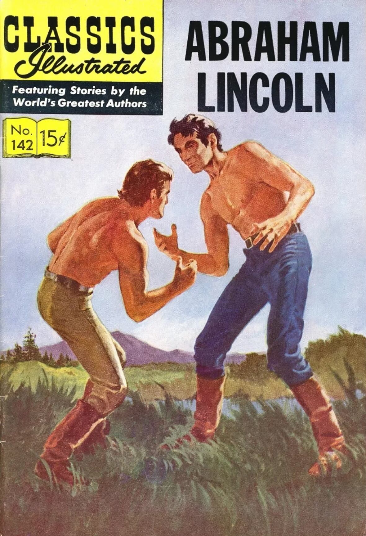 Cover of Classics Illustrated comic book featuring Abraham Lincoln in a wrestling match.
