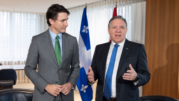 U.S. officials discussed hitting Canada with trade sanctions over Quebec's language law; Prime Minister Justin Trudeau attends a bilateral meeting with Quebec Premier Francois Legault in Montreal on March 15, 2024\.