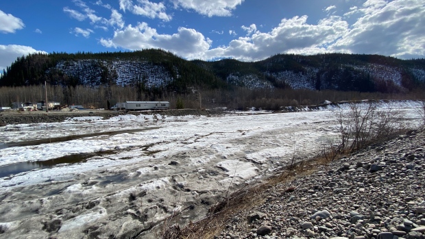 Flood risk prompts evacuation alert for Yukon's Klondike River valley; Ice jams on the Klondike River near Dawson City, Yukon, on April 25, 2024, when a flood watch and evacuation alert were issued for the Klondike River valley\.