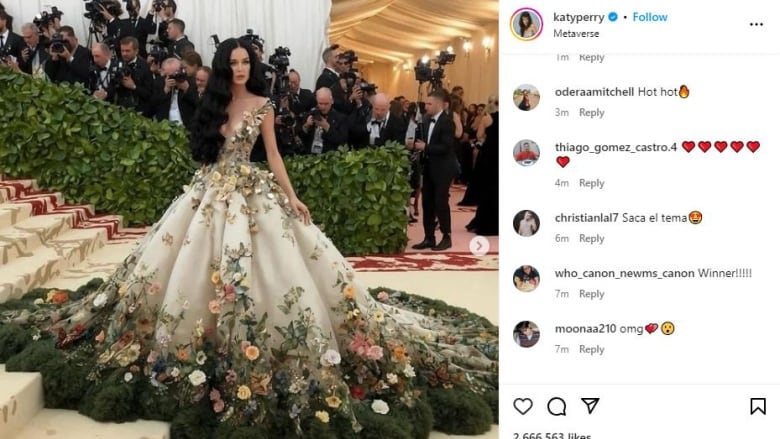 An instagram post of a woman in a floral ball gown on the carpet at an event