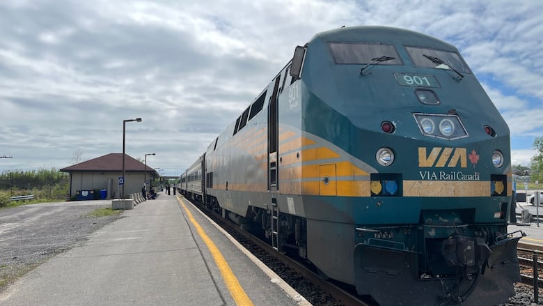 A blue-and-yellow train at a train station on a spring day.