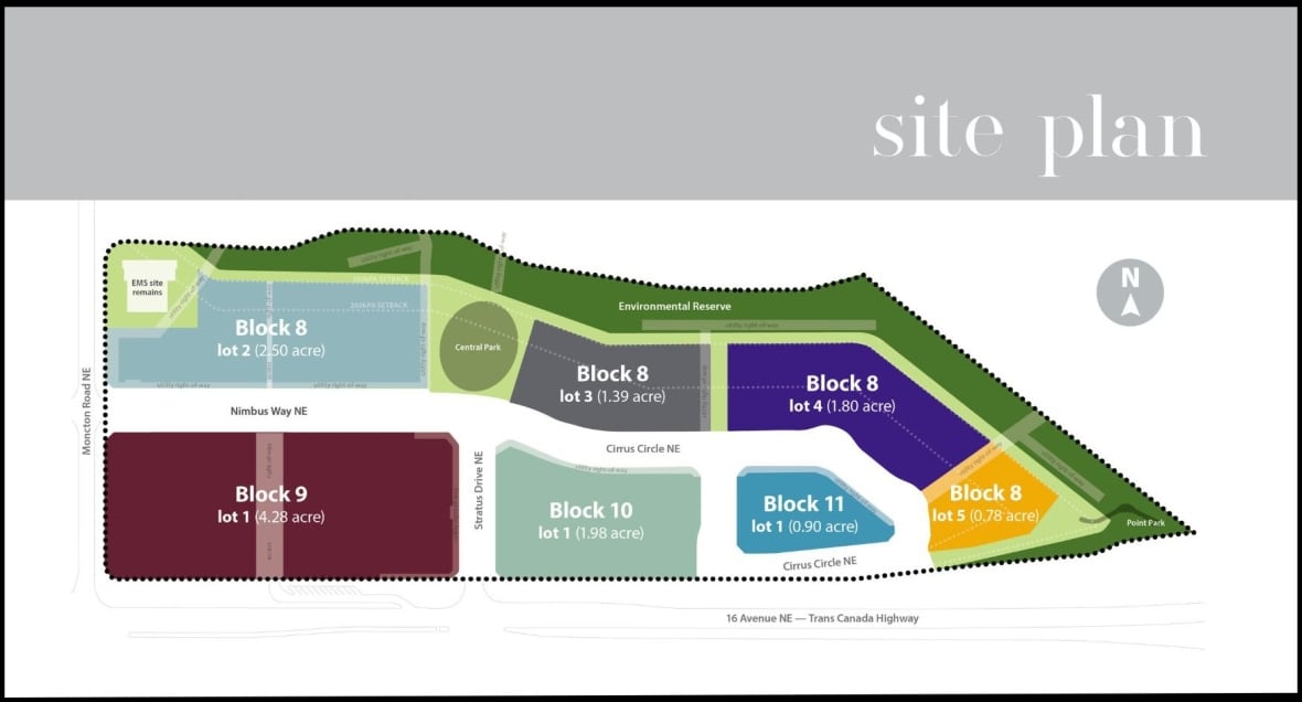 An aerial graphic of a development site showing coloured property blocks.