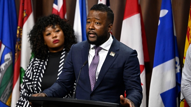 Privy Council Office workers face culture of 'racial stereotyping': internal report; Nicholas Marcus Thompson, right, executive director of the Black Class Action Secretariat, and Bernadeth Betchi, CHRC employee and representative plaintiﬀ, participate in a news conference on the Global Alliance of National Human Rights Institutions' "Special Review" of the accreditation of the Canadian Human Rights Commission, on Parliament Hill, in Ottawa, Monday, June 10, 2024\. 