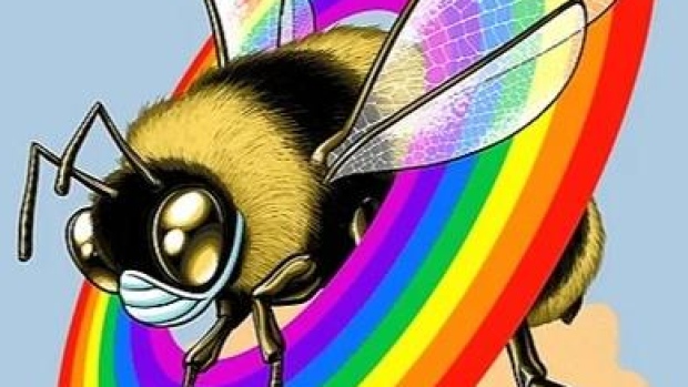 Keith Serry's Montreal Fringe show looks at what it means to be a father these days; A bee in front of a rainbow illustration