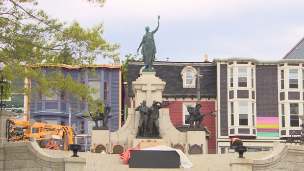 As war memorial renovation winds down, attempts to keep graffiti bandits at bay ramp up; As of late Tuesday morning, four of the five bronze statues at the Newfoundland National War Memorial in St\. John's had been restored to their original dark metallic appearance\. The female allegorical figure known as the Victory statue is expected to be restored this week\.