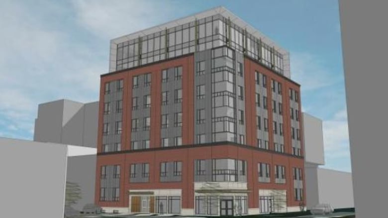 A computer rendering of a building with multiple storeys in the downtown Charlottetown area.