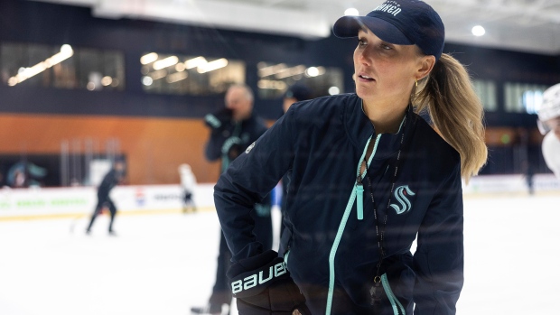 WATCH | Jessica Campbell's journey from Sask. to the NHL; Jessica Campbell runs a drill during a Seattle Kraken rookie development camp on Tuesday, July 2, 2024, in Seattle\. Campbell will become the first woman to work on the bench of an NHL franchise after the Seattle Kraken hired her as an assistant coach Wednesday, July 3, 2024\. 