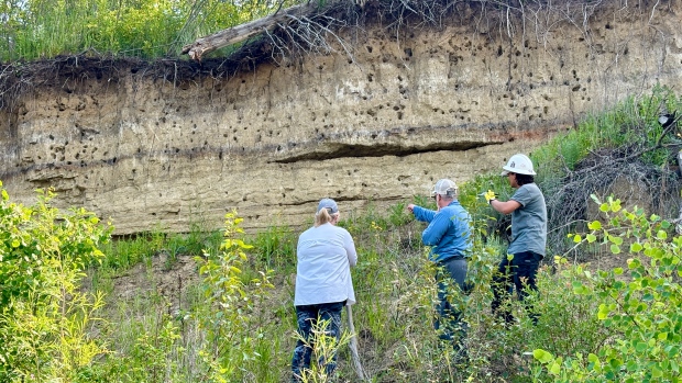 Carbon dating puts Sask. Indigenous archeological site at almost 11,000 years old; Archeologists Andrea Freeman, Glenn Stuart, and Nicko Linares look up at dark lines known as a paleosols\. They were created by ancient soils preserved under sediment, and can help researchers understand what plants grew here thousands of years ago\.