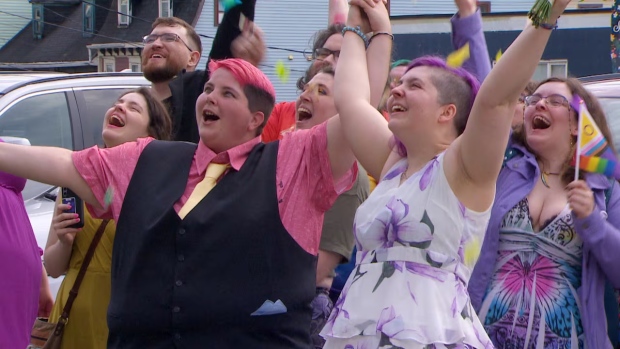Getting married at Pride shows love means love for everyone, say these newlyweds; The wedding of Ally James, left, and Mel Collins, kicked off Pride week festivities in St\. John's on Wednesday\. They had planned their wedding at City Hall for July 10, which happened to be the same day as the city's flag raising\.