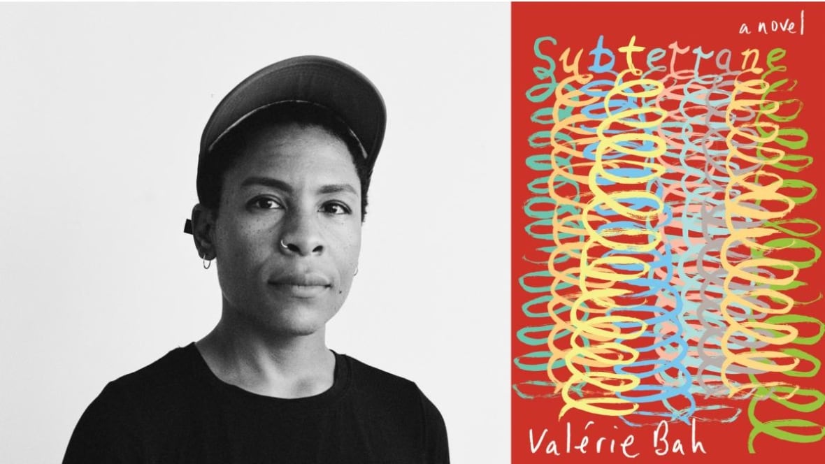 A Black person wearing a cap looks into the camera. A book cover shows multi-coloured spirals running down the cover. 