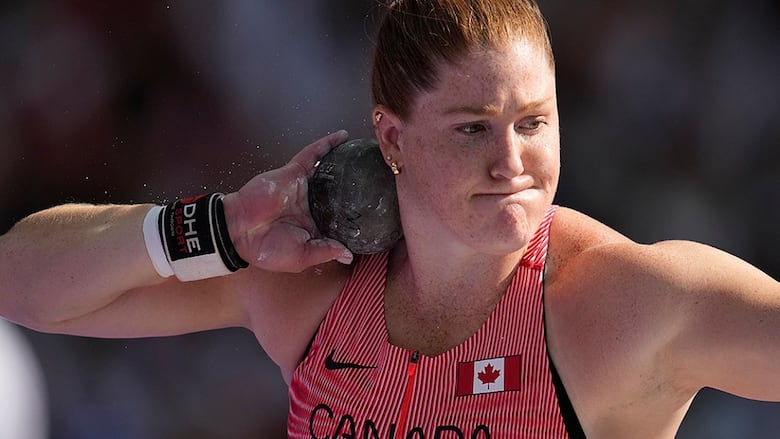 Canadian athlete Sarah Mitton competes during women's shot put qualification at the Paris Olympics on Aug. 8, 2024 at Stade de France in Saint-Denis.