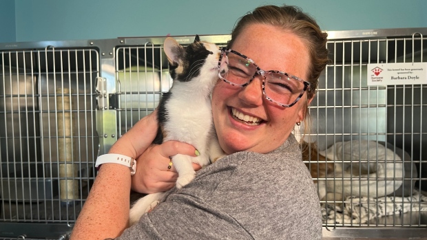 Petition calls for federal ban on no-pet clauses in rental agreements; Ashley Travis, communications coordinator with the P\.E\.I\. Humane Society, with "Lucy Lou", says more than a third of all pets being dropped off at the society are because of a lack of housing\.