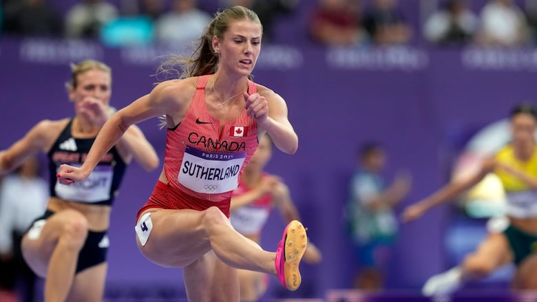 Canada's Savannah Sutherland runs in a women's 400-metre hurdles semifinal at the Summer Olympics in Paris on Tuesday, Aug.6, 2024. 