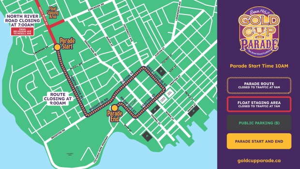 These Charlottetown streets will be closed for the Gold Cup Parade Friday; A map showing the route of the Gold Cup Parade\.