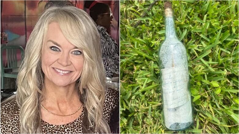 Side-by-side images of a blonde, smiling woman and a glass bottle in the grass with a handwritten letter inside.
