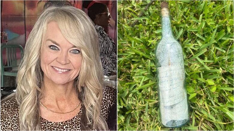 Side-by-side images of a blonde, smiling woman and a glass bottle in the grass with a handwritten letter inside. 