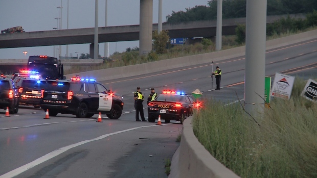 Man, 23, dead after vehicle rolls over into ditch on Highway 410; OPP cruisers blocking a highway ramp\.